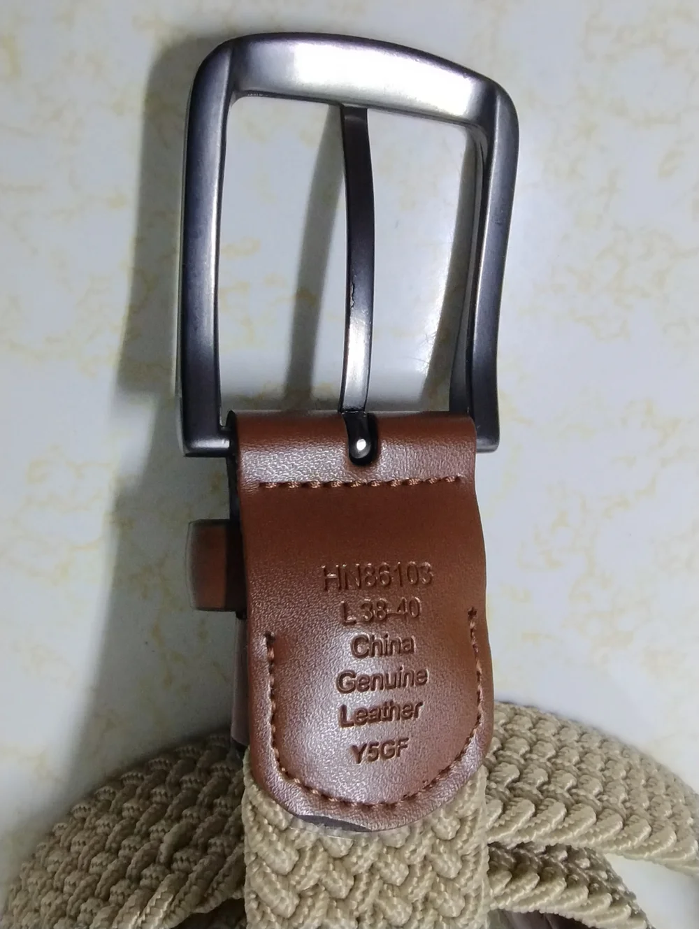 Original Penguin Woven Beige Belt with Brown Leather Trim